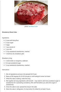 the recipe for strawberry sheet cake is shown