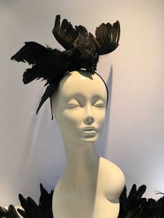 "Black Bird fascinator -Crow- The Birds- Halloween- Feather Headband -Derby- Ravens- goth- Steampunk- Mad Hatter Hello, I have one made so it can ship within a day or two. This fascinator is perfect to add whimsy and is just so fun you'll be the life of the party. A great conversation piece Wear this with a 1960's tweed suit and your \"the Birds\"! This black feather fascinator has 2 black feather bird... I call them Alfred and Tippy. It has great movement. It not a real bird, its styrofoam cove Crow Head, Feather Bird, Steampunk Halloween, Bird Costume, Black Fascinator, Tweed Suit, Feather Fascinator, Feather Fascinators, Feather Headband