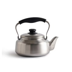 a silver tea kettle with a black handle on a white background and clippings