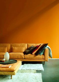 a living room with an orange wall and white rug