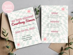 two baby shower cards on top of envelopes with greenery and flowers in the background