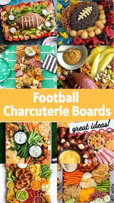 a collage of football charcuterie boards with different foods and snacks on them