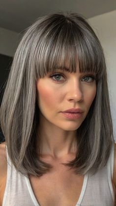 Chic Soft Curls in Medium Length Gray Hairstyles with Bangs Stacked Long Bob Haircut, Stacked Long Bob, Bob Haircut Medium, Bob Haircut Medium Length, Haircut Medium Length, Medium Length Hairdos, Silver White Hair