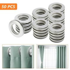 a set of 50 pcs round curtain rings in various sizes and colors, with curtains behind them