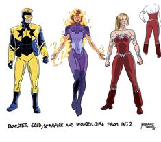 three female superheros standing next to each other in different outfits and colors, with the caption booster goldshae and wondergirl from inside out