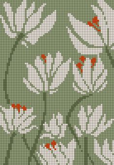 a cross stitch pattern with red and white flowers on green background, in the style of art nouveauism