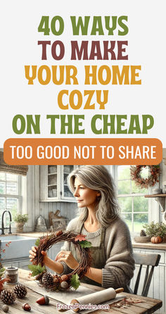 a woman sitting at a table in front of a window with the words, 40 ways to make your home cozy on the cheap