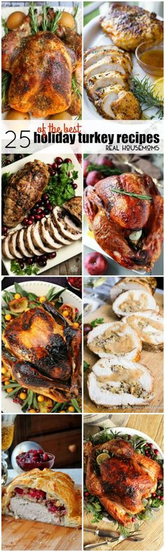 different turkeys are shown in this collage with the words, 25 thanksgiving turkey recipes