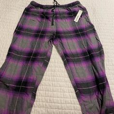 Black, Pink, & Purple Plaid Dkny Pajama Pants, Sized Medium. Purple Pjs, Scene Clothes, Purple Tartan, Purple Pajamas, Wishlist Ideas, Scene Outfits, Pyjama Bottoms, Purple Plaid, Pj Pants