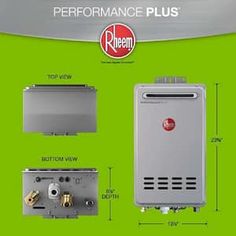 an image of a tankless water heater with the words rheem on it