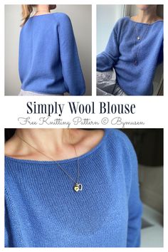 a woman wearing a blue sweater with the words simply wool bloose on it