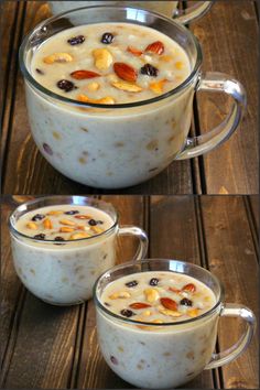 two bowls filled with pudding and nuts on top of a wooden table