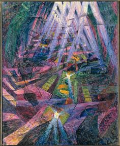 an abstract painting with lots of colors and lines on it's surface, including the light coming from above