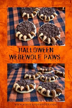 halloween werewolves paws cookies with chocolate frosting and sprinkles on an orange checkered tablecloth