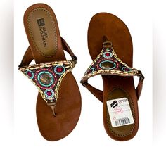 White Mountain Mica Multicolor Beaded Leather Cork Thong Sandals Size 8, Nwt. Style W3865z Mica. Brand New Bohemian Brown Flat Flip Flops, Brown Embellished Sandals For Vacation, Brown Embellished Leather Sandals, Brown Leather Embellished Sandals, Brown Embellished Summer Sandals, Brown Embellished Sandals With Round Toe, Beaded Brown Sandals For Spring, Brown Embellished Round Toe Sandals, Embellished Adjustable Flip Flops