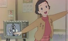 a cartoon girl pointing at an old television screen with her arm outstretched in the air