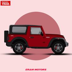 a red jeep is shown on a pink background