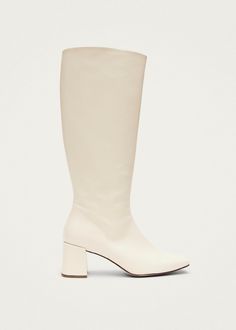 Chalk Warm White Vegan Leather Boots | ALOHAS Boots With Heels, White Leather Boots, Vegan Leather Boots, Vegan Boots, Chalk White, Chunky Block Heels, Knee High Boots, Warm White, White Leather