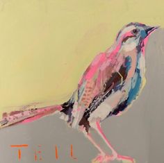 a painting of a bird with pink, blue and white feathers on it's body