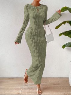 Solid Flare Sleeve Lettuce Hem Bodycon Dress Maxi Women Outfit Green Elegant  Long Sleeve Knitted Fabric Plain Bodycon Slight Stretch  Women Clothing, size features are:Bust: ,Length: ,Sleeve Length: Long Sleeve Dress Formal, Bodycon Dress With Sleeves, Lettuce Hem, Knitted Bodycon Dress, Body Con Dress, Vestidos Vintage, Long Sleeve Short Dress, Crewneck Dress, Slim Fit Dresses