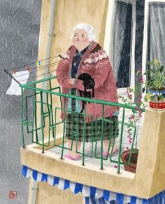 an older woman standing on a balcony in the rain with her cat and fishing rod