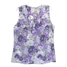 Halogen Sleeveless Silk Purple Floral Blouse Ruffle Detail On Front. Zipper Closure On The Side. The Measurements Are (Taken Laying Flat): Armpit To Armpit: 21.5" Length (Top Of Shoulder To Hem): 27.5" 100% Silk Dry Clean Or Hand Wash New Without Tag. Never Worn From A Clean, Smoke-Free Home Feminine Sleeveless Purple Top, Casual Sleeveless Purple Blouse, Casual Purple Sleeveless Blouse, Sleeveless Purple Blouse With Floral Print, Floral Blouse, Purple Floral, Front Zipper, Ruffle Blouse, Dry Clean