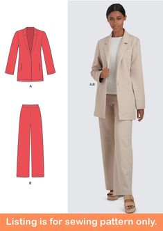 Sewing Pattern Make Formal Suits for Women Physical Paper Pattern Uncut and Factory Folded This listing is for one sewing pattern to make all of the items listed below.  Directions and pattern pieces are included.  Please note that anything else shown as well as any fabric or supplies needed are not included. This classic two-piece suit is just right for work or formal occasions.  Sew a suit jacket with long sleeves, fold-over collar, front button closure, and princess seaming.  Matching pants h Formal Suits For Women, Suit Sewing Patterns, Sewing Clothes Women, Suit Pattern, Formal Pants, Pattern Pieces, Classic Suit, Womens Clothes, Formal Suits