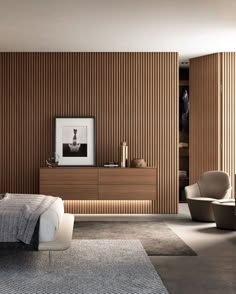 a modern bedroom with wood paneling and white furniture