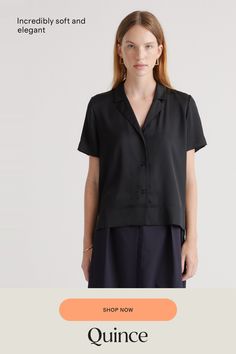 A luxe update to your regular blouse rotation, our Washable Stretch Silk Short Sleeve Notch Collar Blouse takes everything you love about our iconic Washable Stretch Silk Notch Collar Blouse and gives it a short-sleeved refresh. It's the same lustrous sheen, beautiful drape, and supreme softness you love, and, as always, it's washable.  | Quince | Women's Washable Stretch Silk Short Sleeve Notch Collar Blouse in Black, Size Medium, Mulberry Silk Gold Chain Link Necklace, Bezel Necklace, Silk Robe, Silk Shorts, Notch Collar, Beautiful Drapes, Linen Blazer, Collar Blouse, Notched Collar