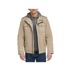 He'll be stylish and warm in this men's Levi's cotton sherpa-lined trucker jacket. Click on this WOMEN'S GUIDE to find the perfect fit and more! FEATURES Drawstring hood Snap closure, front zip Midweight Faux fur construction in hood Attached hood Vented hem Long sleeve Exterior: 2 front chest snap pockets, 2 lower side welt pockets Interior: 1 pocketFIT & SIZING 37 3/4-in. length Regular fitFABRIC & CARE Body: cotton Fill: polyester Machine wash - delicate Imported Size: XXL. Color: Stone. Gend Casual Cotton Utility Jacket For Cold Weather, Levi's Cotton Outerwear With Flap Pockets, Levi's Casual Outerwear For Cold Weather, Levi's Hooded Cotton Outerwear, Levi's Cotton Hooded Outerwear, Levi's Khaki Casual Outerwear, Levi's Casual Khaki Outerwear, Casual Utility Jacket With Flap Pockets For Cold Weather, Color Stone