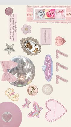 an assortment of pink and silver items on a white background with words written in the center