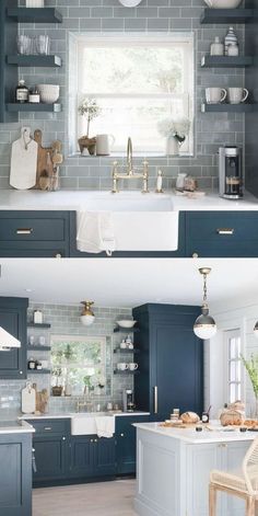 two pictures of the same kitchen with blue cabinets and white counter tops, one is open to