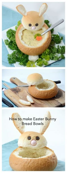 an easter bunny bread bowl is shown in three different stages, including buns and carrots