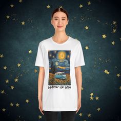 Introducing a shirt design that blends artistic flair with a playful twist--a true tribute to the iconic Vincent Van Gogh, but with a whimsical touch. This design features a stunning rendition of a classic Van Gogh-inspired painting, capturing the essence of his world-renowned style. In this imaginative scene, a starry night sky swirls with deep blues and vibrant yellows, reminiscent of Van Gogh's masterpiece "Starry Night." Below the celestial spectacle lies a field of blooming sunflowers, painted with the same expressive strokes that Van Gogh was famous for. But at the heart of this artwork, adding a dash of humor and creativity, is a classic camper van, parked serenely amidst the natural beauty, as if it has journeyed through time and landed in a Van Gogh painting. To complete the desig Van Gogh Clothes, Van Gogh Sweater, Van Gogh T Shirt, Van Gogh Shirt, Hippie Van Shirt, Classic Campers, Classic Vans, Classical Art, Art Shirts