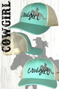 Cowgirl Trucker Hat, Horse Cap, turquoise hat, Running horse vinyl, Horse ball cap, Horse lover gift idea, Galloping mustang on horse cap would make the perfect gift idea for every horse lover, horse-crazy girl, equestrian, cowgirl, or for yourself. Aqua blue and birch hat with a mesh back to keep you cool and an adjustable snap back to fit a variety of sizes. #horse #horses #Equestrian #runninghorse #Gallopinghorse #mustang #cowgirl Turquoise Hat, Horse Crazy Girl, Horses Equestrian, Running Horse, Horse Shirt, Running Horses, Animal Hats