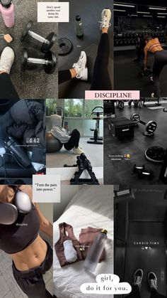 a collage of photos showing different types of gym equipment and people doing exercises with dumbbells