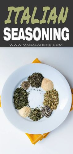 a white plate topped with different types of seasoning next to a yellow napkin on top of a table