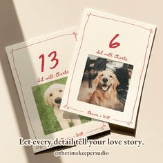 two cards with pictures of dogs on them and the words let every detail your love story