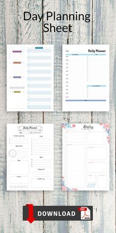 the printable daily planner is displayed on a wooden background with text overlaying it