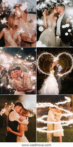 wedding photos with sparklers in the shape of a heart and two people holding each other