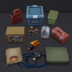 an assortment of items are displayed on the floor in front of a box and bag