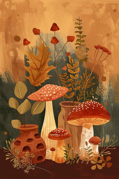 a painting of different types of mushrooms and plants