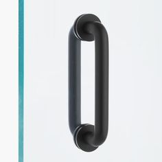 a black door handle is shown against a white background with blue trim and an aqua border