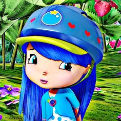 a cartoon girl with blue hair wearing a hat and dress in the grass next to flowers