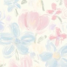 an abstract painting of pink, blue and white flowers on a white background with pastel colors