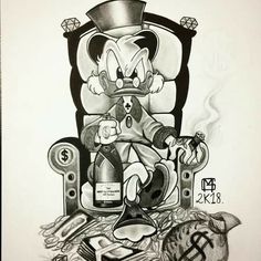 a drawing of a cartoon character sitting in a chair next to a cat and mouse