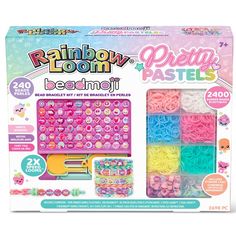 rainbow loom beading kit with instructions for making bracelets and hair clips in the box