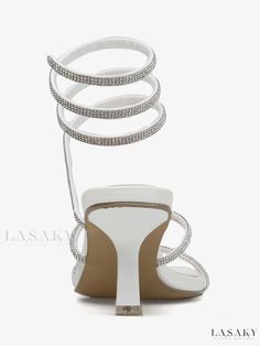 Lasaky - Elegant White High Heeled Square Toe Sandals adorned with Rhinestones - Perfect for Sophisticated Parties White Party Attire, Unique High Heels, White High Heel Sandals, White High Heel Shoes, Fall Heels, Unique Heels, White High Heels, Square Toe Sandals, Elegant Heels