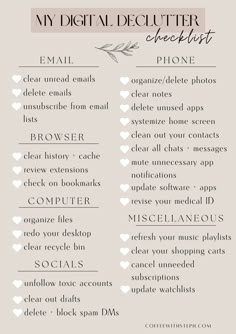 a list with the words my digital declutter checklist written in white letters