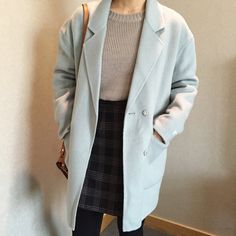 Korean fashion - grey sweater, plaid skirt, blue trench coat, stockings and brown messenger bag Form Outfits, Jemma Simmons, South Korea Fashion, Smart Outfits, Sixth Form Outfits, Sixth Form, Fashion Forms, Seoul Fashion